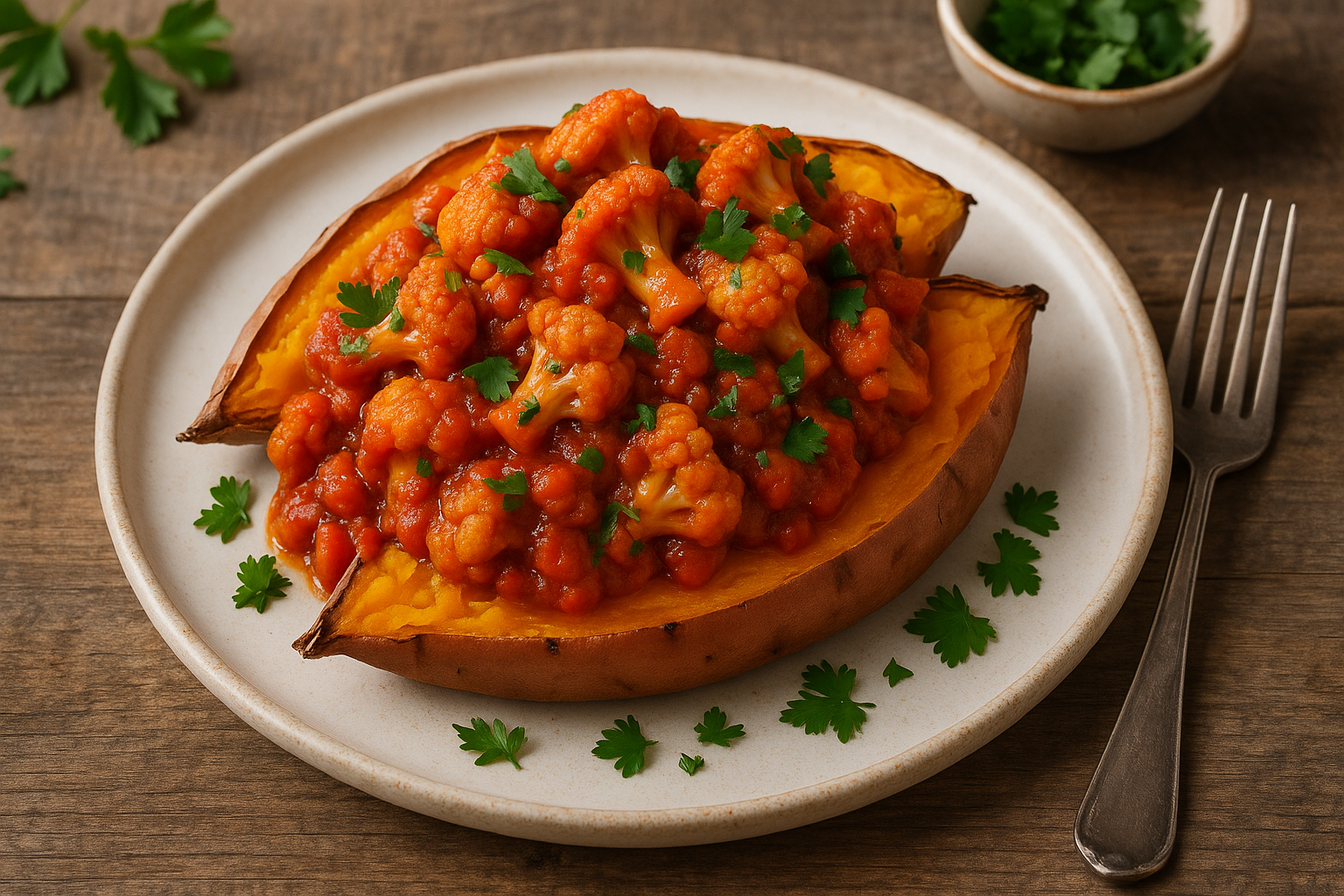 Baked Sweet Potatoes with Cauliflower Ragu Baked sweet potatoes topped with cauliflower ragu, garnished with parsley, on a rustic wooden table.